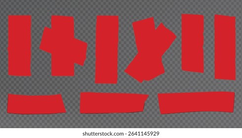  red duct tape set. Torn tape. Vector realistic wrinkled stripes and cross glued sticky adhesive masking tape pieces. Isolated on transparent background, Red Sticky scotch tape of different sizes.