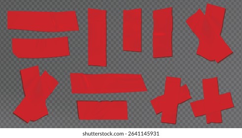  red duct tape set. Torn tape. Vector realistic wrinkled stripes and cross glued sticky adhesive masking tape pieces. Isolated on transparent background, Red Sticky scotch tape of different sizes.