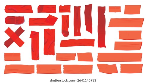  red duct tape set. Torn tape. Vector realistic wrinkled stripes and cross glued sticky adhesive masking tape pieces. Isolated on transparent background, Red Sticky scotch tape of different sizes.
