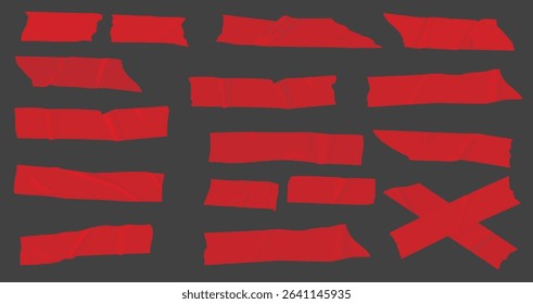  red duct tape set. Torn tape. Vector realistic wrinkled stripes and cross glued sticky adhesive masking tape pieces. Isolated on transparent background, Red Sticky scotch tape of different sizes.