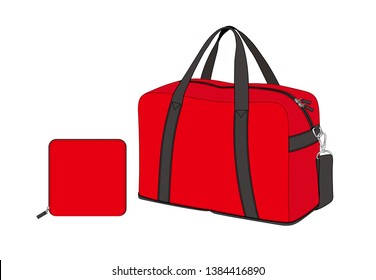 Red Duffle Bag With Removable Shoulder Strap, Sports Gym Bag, Foldable Weekend Bag, Spare Bag, Vector Illustration Sketch Template Isolated On White Background