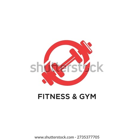 Red dumbbell icon with circular frame. Fitness equipment symbol. Gym and bodybuilding weightlifting logo design.
