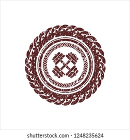 Red dumbbell icon inside distress rubber grunge texture seal