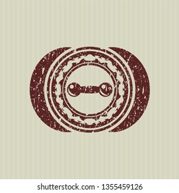 Red dumbbell icon inside distress rubber grunge texture seal