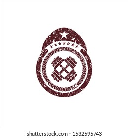 Red dumbbell icon inside distress rubber stamp with grunge texture