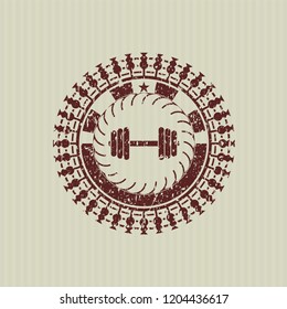 Red dumbbell icon inside distressed grunge style stamp