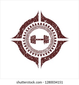 Red dumbbell icon inside distressed rubber grunge stamp