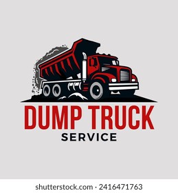 Red Dump Truck Unloading Dirt and Rocks Vector Logo Concept