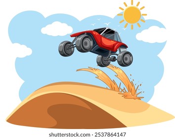 Red dune buggy jumping over sand dune