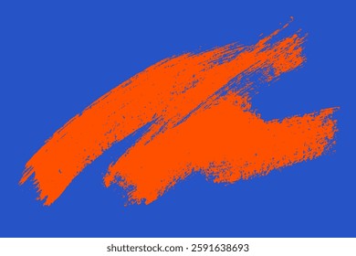 Red dynamic spot with semi-dry brush with uneven torn unpainted edges on blue background. Texture brush, brush stroke for text template design, title.