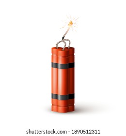 Red Dynamite Bomb with Burning Wick. Military Detonate Weapon. Vector