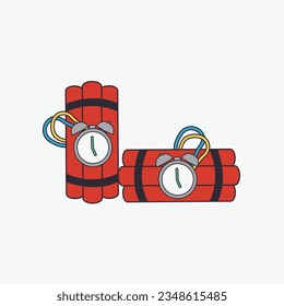 Explosion der roten Dynamitbombe umhüllte Wecker-Schild flach Design-Druck mit Timer-Detonat einzelne Cartoon oder Draht-Vektorsymbol. Symbol für sternförmige Countdown-Abbildung. Sprengkörper
