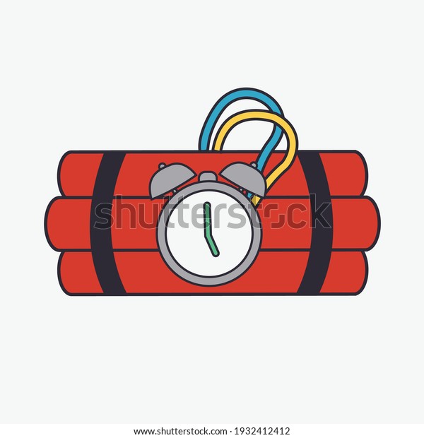 red dynamite bomb explosion wrapped alarm clock\
sign flat design print with timer detonate isolated cartoon or wire\
vector icon. tnt bunch stick graphic countdown illustration symbol.\
explosive device