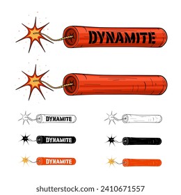 Red dynamite stick with burning fuse isolated on white background. Vector illustration