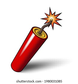 Red dynamite stick icon with burning explosive fuse and halftones isolated on white background. Vector illustration