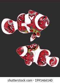The red e fish with ornament on the grey background