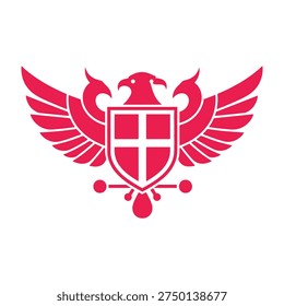 Red eagle emblem with shield and crossed swords symbolizing strength and protection in a minimalist design