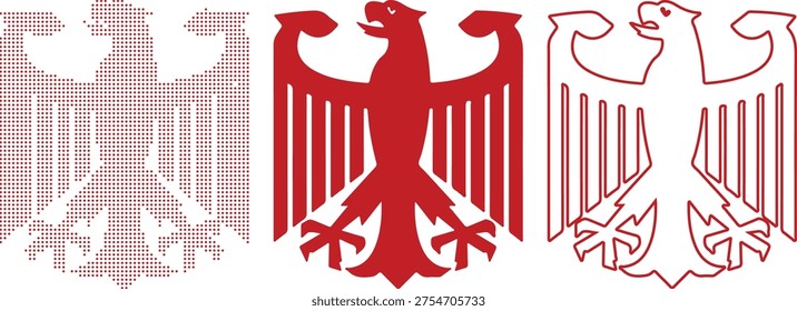 Red Eagle Icons Dotted Solid Outline and Silhouette on White bird of prey heraldic eagle
