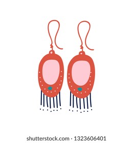 Red Earrings with Gemstones, Fashion Jewelry Accessories with Tassels Vector Illustration