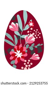 Red Easter egg with a beautiful large floral pattern. Colorful flat vector illustration. Clipart. Isolated element.	 