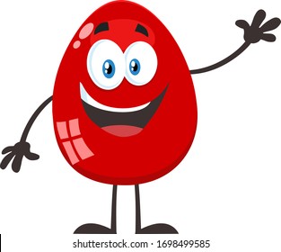 Red Easter Egg Cartoon Mascot Character Waving For Greeting. Vector Illustration Flat Design Isolated On White Background