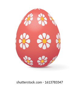 Red Easter egg decorated with flowers. Vector 3d illustration isolated on white background