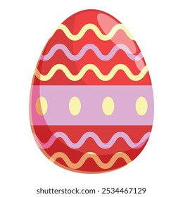 Red easter egg decorated with wavy stripes and dots, isolated on a white background