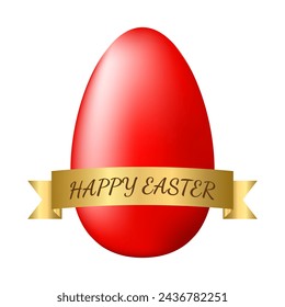 Red Easter egg with gold ribbon and Happy Easter inscription. Vector design 