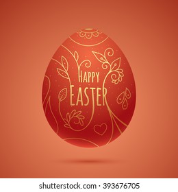Red easter egg, with golden ornaments and happy easter sign. Vector egg.