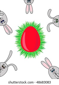 red Easter egg in grass nest with several looking out rabbits