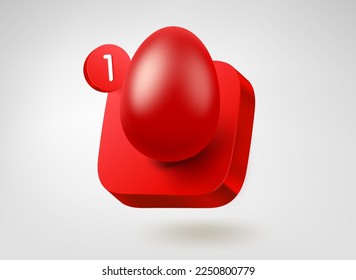 Red easter egg on red button. 3d vector mobile application icon