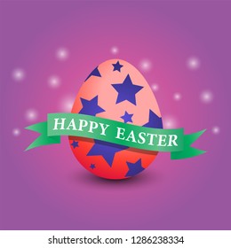 Red Easter egg with a pattern of blue stars on gradient purple background with the words happy Easter on a green ribbon - vector illustration