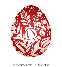 Red easter egg. Traditional red decorative egg with floral pattern. Vector folk ethnic illustration isolated on white. Happy easter hand painted egg with flower decoration for spring holiday.