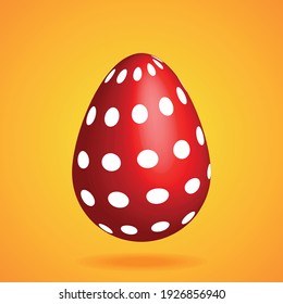 Huevo rojo de Pascua con esferas blancas, con sombra, sobre un fondo amarillo-naranja. Huevo realista de Pascua sobre fondo amarillo. Plantilla de tarjeta de felicitación. Ilustración vectorial.