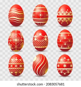 Red easter eggs. Decorative golden on ruddy painted ornaments easters egg vector images, decorated ostern gift food objects group isolated on transparent background