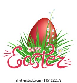 Red Easter eggs in green grass with flowers and lettering happy Easter. Element for celebratory design. Vector illustration.