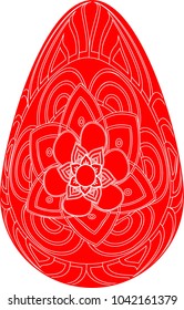 Red Easter eggs lined up with different colors and patterns. Isolated vector illustration on white background.