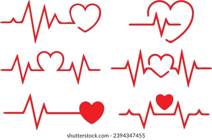 Red ecg heartbeat lines with hearts collection