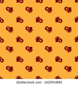 Red Eco friendly house icon isolated seamless pattern on brown background. Eco house with leaf. Vector Illustration