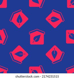 Red Eco friendly house icon isolated seamless pattern on blue background. Eco house with leaf.  Vector
