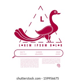 Red edition of a stylized peacock bird ornamental graphics design element with a dashed line triangle frame as a name holder, and text field at the bottom centered composition for universal use