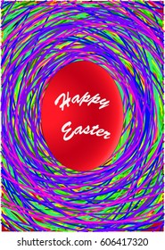 Red egg with Happy Easter subtitle and very very colorful background