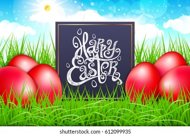 red eggs in a field of grass with blue sky. happy easter lettering modern calligraphy, vector art