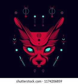 Red Egypt Cat Head with Sacred Symbols Illustration. Wall Poster