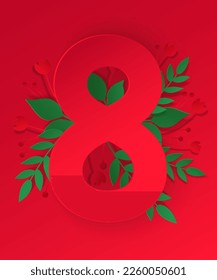 Red eight with plant on a red gradient background. Women's Day greeting card. EPS 10.