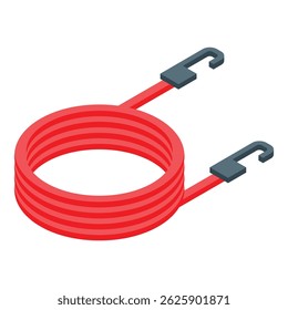 Red elastic rope with hooks lying in spiral shape is isolated on white background