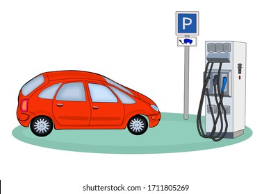 Red electric car in the charger station isolated on white background. Eco transportation concept. Cartoon electric car, electric battery charger and road sign. Electric car refueling. Stock vector