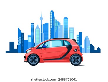 red electric car with charging, blue city skyline in background flat vector illustration on white background
