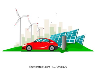 A red electric car charging at the charger station against the background with wind turbines and solar panels . Electromobility e-motion concept.Flat vector illustration.
