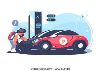 Red electric car charging at the charger station flat vector illustration. Young man standing near cool transport. Technology concept. Isolated on white background